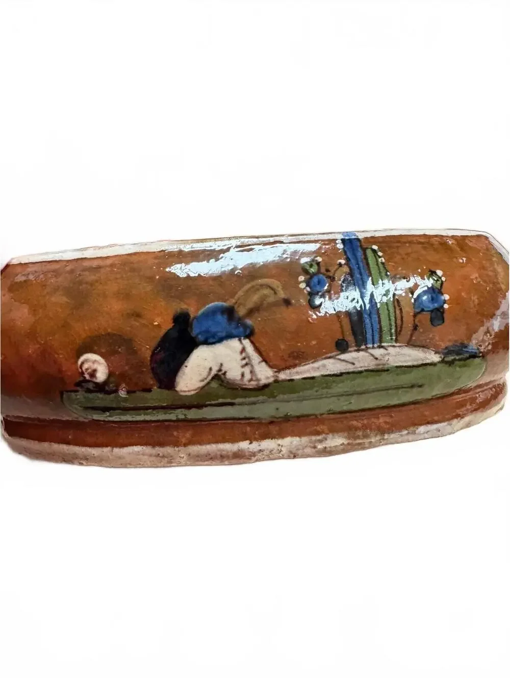 Vintage Mexican Terracotta Tonala Redware Oval Casserole Dish Bowl Sleeping Man